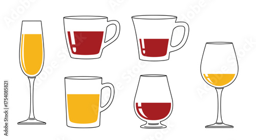 A variety of beverage glasses with different colored liquids.