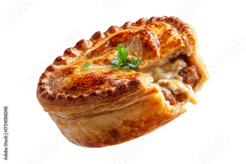 Australia meat pie with minced beef and gravy and crisp flaky crust, isolated on white transparent background. Concept of homemade comfort food