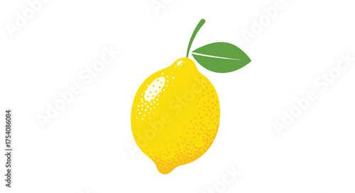 A bright yellow lemon with a green leaf hangs against a white background.