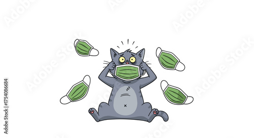 A stressed cat overwhelmed by a pile of protective face masks.