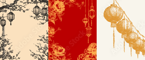 Detailed hanging lanterns, blooming branches frames drawn by hand in vintage oriental pen line style. Elegant background for Lunar New Year or wedding design.