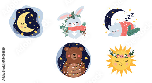 Cute sleeping animals and celestial bodies illustrations for kids.