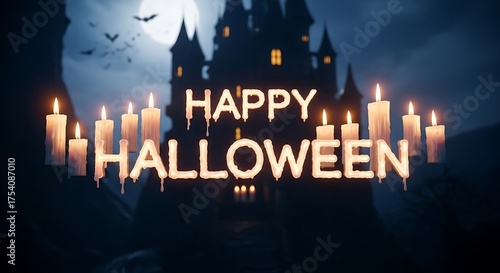 Happy halloween text with castle and candles background