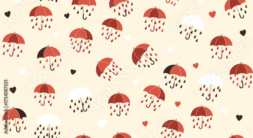 Cute pixel art red and white umbrellas with heart shaped raindrops and tiny scattered hearts.