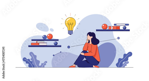 A woman contemplating a brilliant idea with a glowing lightbulb overhead.