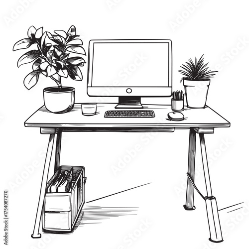 sketch outline illustration of desktop with a standing desk