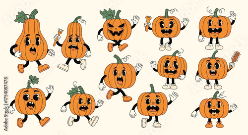 A collection of vintage cartoon style pumpkins dancing and having fun.