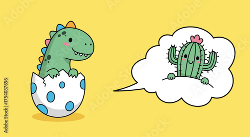A cute baby dinosaur hatches from its egg and dreams of a smiling cactus.