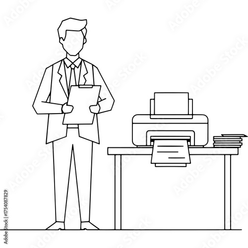 A manager with a clipboard is checking office documents and using a printer. Workplace productivity, data processing and office equipment. Minimalist style outline vector drawing.