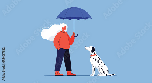 A person holding an umbrella sheltering a dog during a light rain.