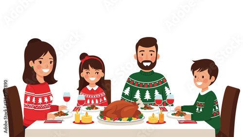 A family of four is sitting at a table enjoying a Christmas dinner with turkey and wine.