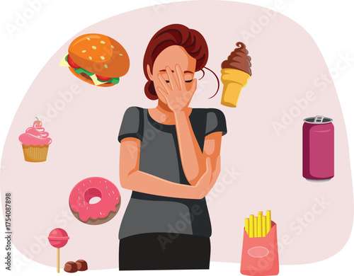 Woman Surrounded by Junk Food Temptation Resisting the Cravings Vector Cartoon. Sad lady feeling hungry but not accepting unhealthy foods 
