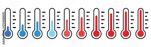 Thermometer temperature scale icons set showing cold to hot levels and emotional expressions, flat vector illustration isolated on white background