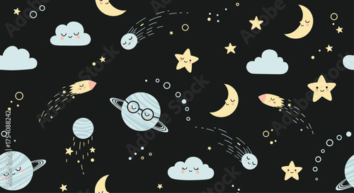 A dreamy and whimsical night sky filled with stars and celestial bodies.