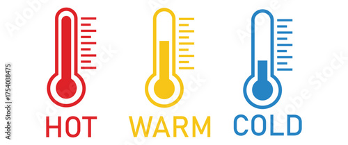 Thermometer temperature scale icons set showing cold to hot levels and emotional expressions, flat vector illustration isolated on white background