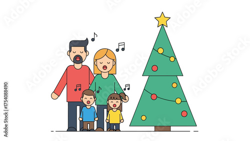 A family of four sings Christmas carols together next to a decorated Christmas tree with a star on top.