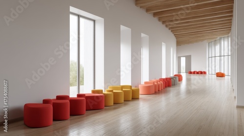 Bright modern lobby with curved colorful seating in minimalistic space filled with natural light and wooden ceiling accents