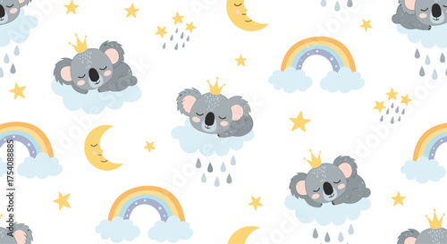 Cute koala sleeping on clouds with rainbows and stars.