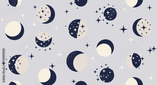 A celestial pattern of moon phases and stars with a light gray background.