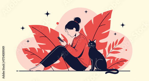 A woman sits on the floor with her phone and a cat.