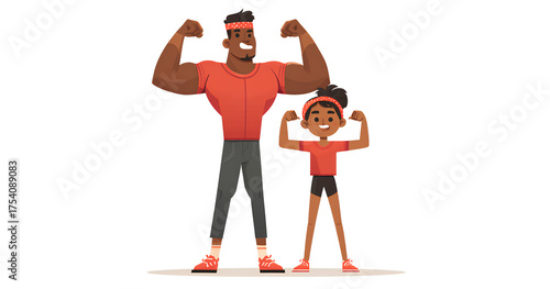 simple clip art of an african american father with large muscles and his young daughter beside him  