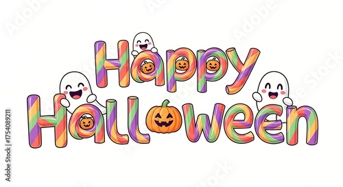 Happy halloween text with ghosts and pumpkins cartoon
