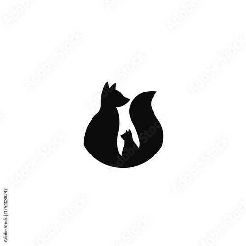 Elegant black fox and cub silhouette vector graphic, minimalist design for nature, wildlife, and family themes.