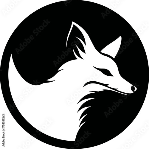 Sleek black and white fox head illustration, minimalist graphic design element featuring a stylized wild animal profile in a modern circular emblem.