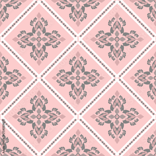 Damask seamless pattern with pink decorative floral elements. Vector texture design for wallpaper, pattern fills, web pages, textiles, tiles, pottery, backgrounds, and surface textures.