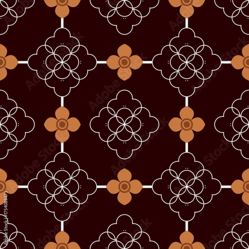 Damask seamless pattern with decorative orange elements. Vector illustration. Can be used for wallpaper, pattern fills, web page backgrounds, tiles, pottery, and surface textures.