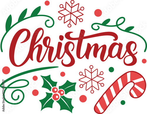 Festive christmas lettering with holly berries snowflakes candy cane and decorative green leaves and red dots