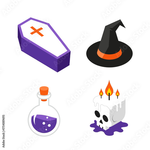Isometric Halloween icon set with coffin witch hat and skull candle.