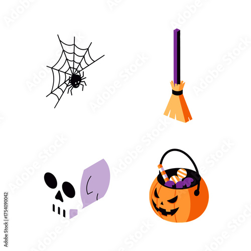 Halloween themed isometric icons set with spiderweb, broom, skull, and pumpkin candy bucket.