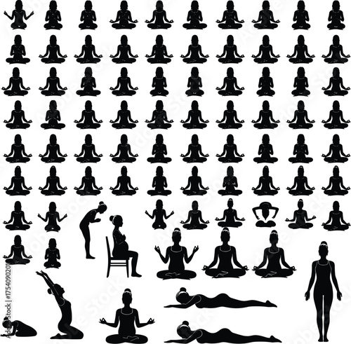 Diverse Meditation, Yoga, and Prenatal Wellness Poses SilhouettesDiverse Meditation, Yoga, and Prenatal Wellness Poses Silhouettes