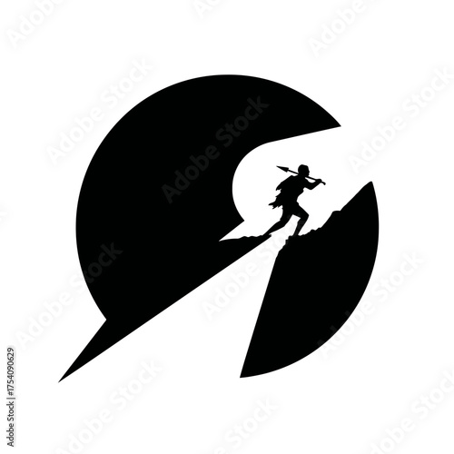 Minimalist silhouette vector of an adventurer climbing a steep mountain path, symbolizing progress, challenge, exploration, and success.