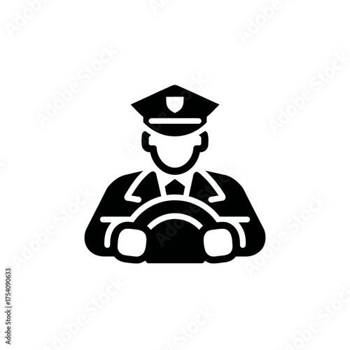 Professional driver in uniform holding steering wheel icon. Black glyph vector illustration for transportation, chauffeur service, and automotive themes.