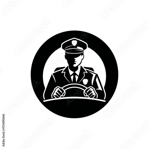Monochrome icon of a security officer or police personnel in uniform driving a vehicle, holding the steering wheel, public safety