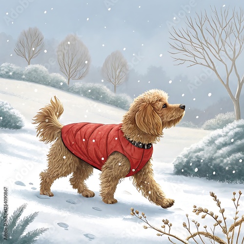 A cute white poodle puppy poses in the winter snow