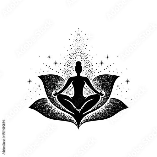 Serene spiritual meditation in lotus pose on a flowering blossom, intricate stipple art illustration with radiating energy and celestial elements.