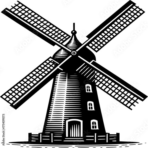 Dutch Windmill in Silhouette: An iconic silhouette of a traditional Dutch windmill, its blades poised against the sky, evoking a sense of history and rustic charm. 