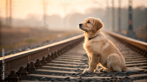 A happy, cute, purebred golden retriever puppy portrait on the street