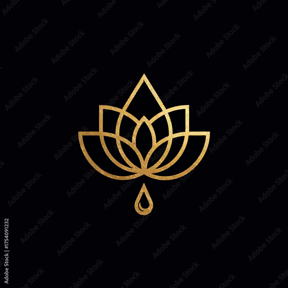 Fototapeta premium Elegant golden lotus flower minimalist line art with essential oil drop on dark background, symbolizing spiritual wellness and purity.