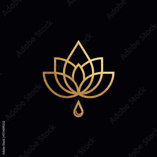 Elegant golden lotus flower minimalist line art with essential oil drop on dark background, symbolizing spiritual wellness and purity.