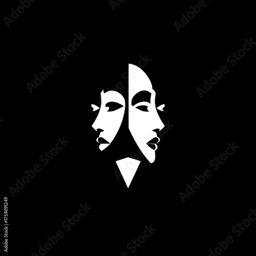 Abstract black and white illustration of two stylized female faces, symbolizing duality, contrast, identity, and the human psyche