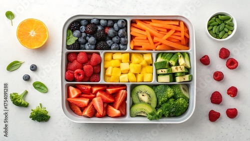 Fresh healthy fruit and vegetable salad in a white bowl with red tomato, green lettuce, and cucumber on a plate, a vegetarian organic lunch meal