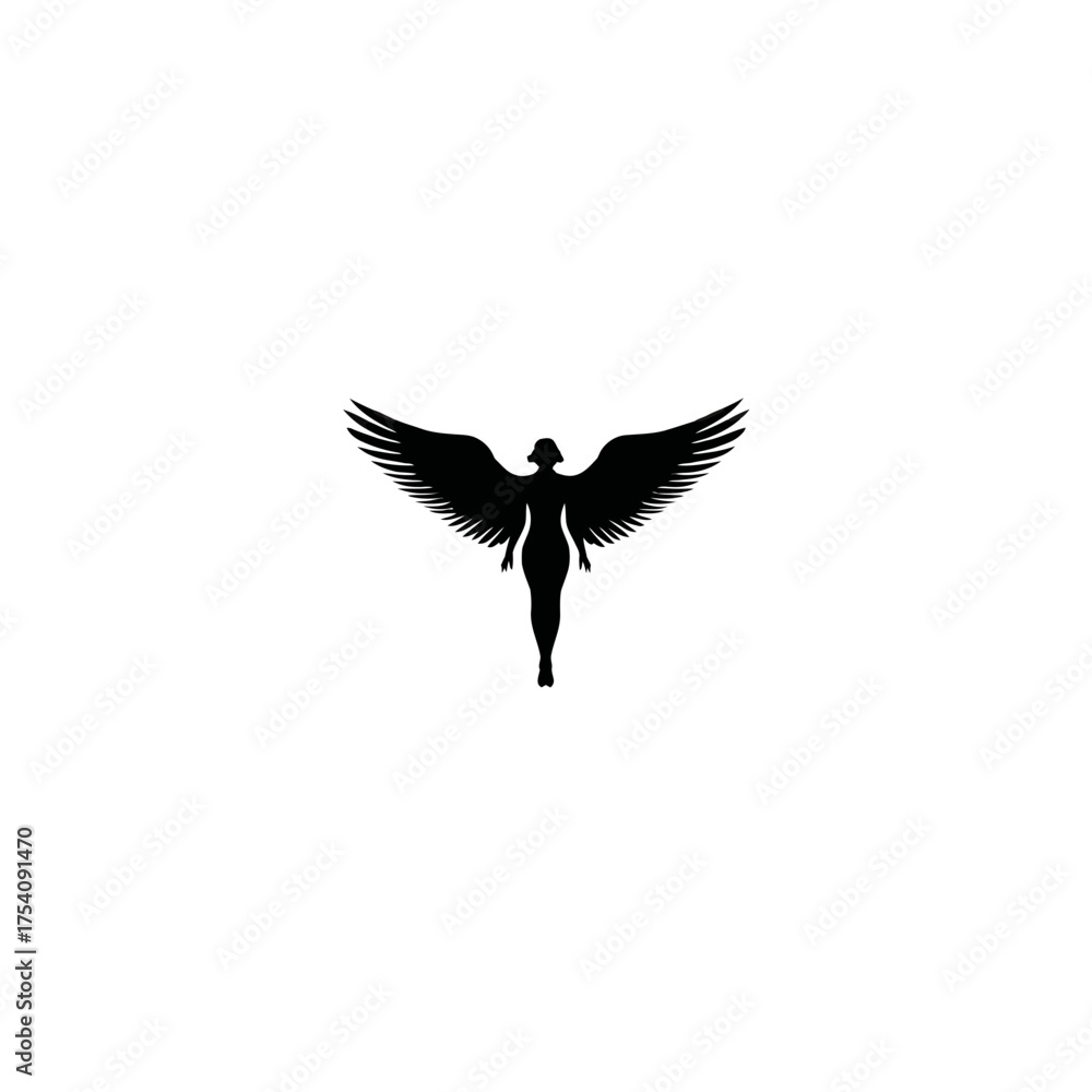 Obraz premium Elegant black silhouette of a winged female figure, symbolizing freedom, spirituality, and grace. Graphic design element.
