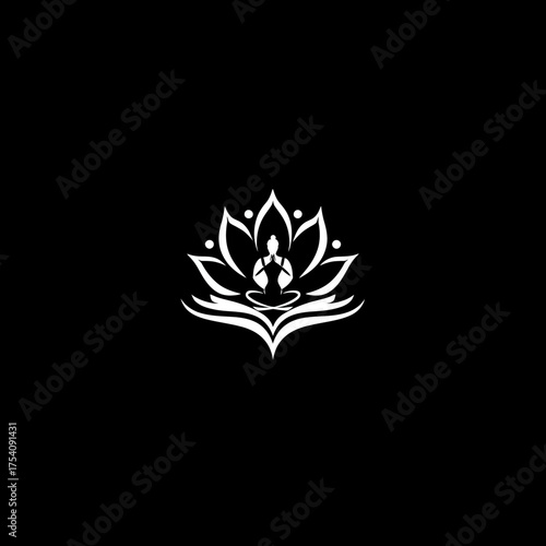 Stylized white silhouette of a person meditating in a lotus flower, symbolizing peace, mindfulness, and spiritual wellness on a black background.