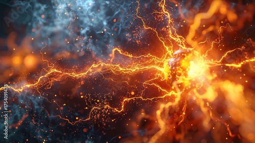 abstract depiction of energy radiating outwards, with bright sparks of orange and blue swirling around. This striking image evokes a sense of raw power and cosmic force