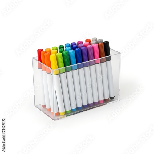 
colored markers in a transparent box