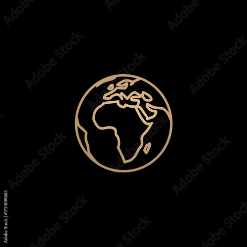 Global Earth icon line art illustration on a dark background, symbolizing worldwide connection, international travel, sustainability, and digital concepts.